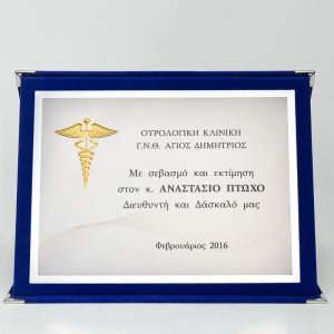 Πλακέτα Τιμητική Ασημί σε Μπλέ Βελουτέ Κουτί CR/95